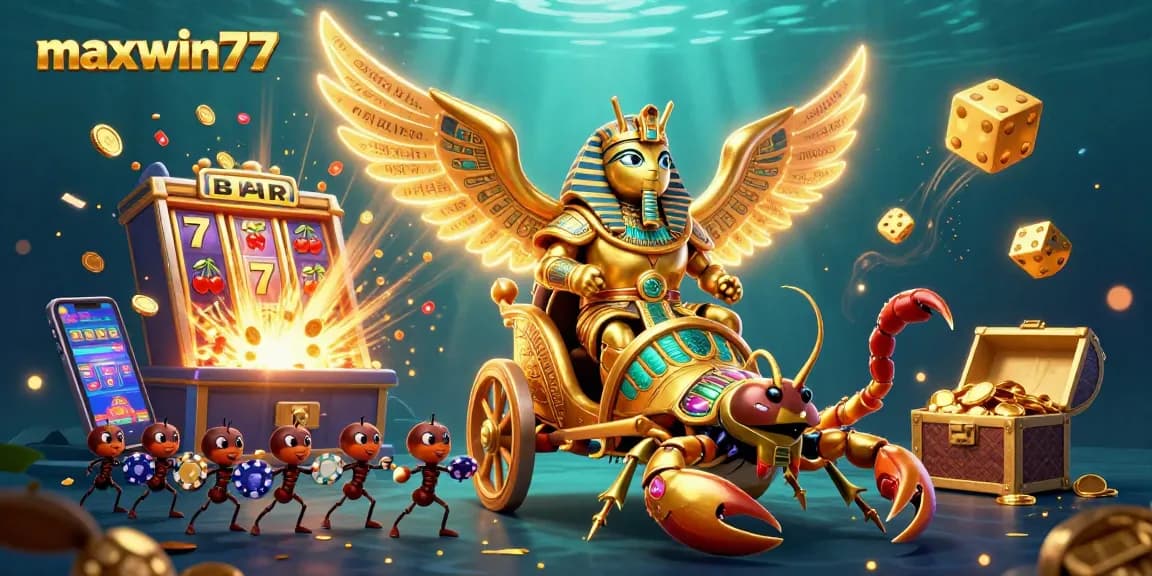 Engage with maxwin77's immersive casino world featuring a scarab beetle and lavish slot machines.