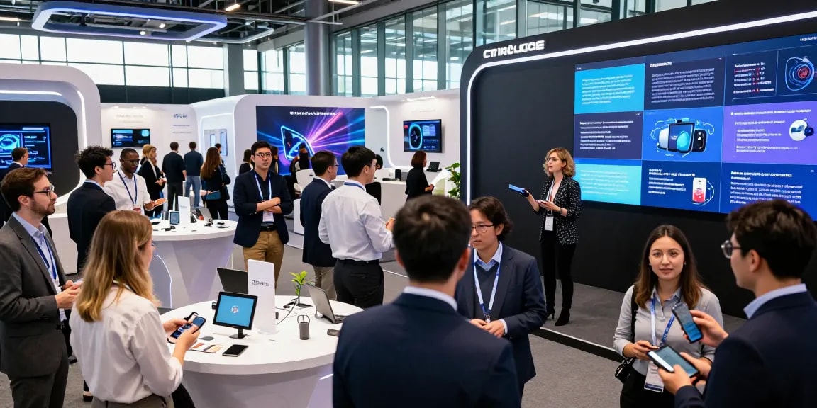 快连科技会议现场，展示创新技术和互动交流的场景，参会者认真倾听演讲。