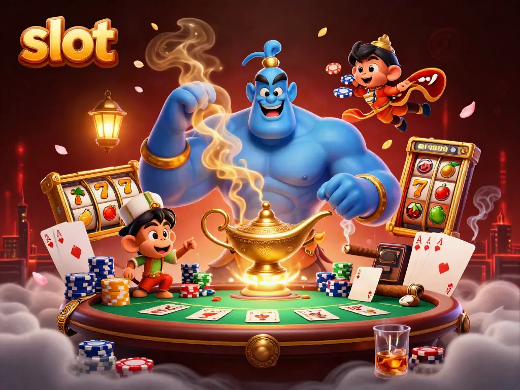 Engaging slot scene with a genie and monkey interacting at a poker table, colorful and dynamic.