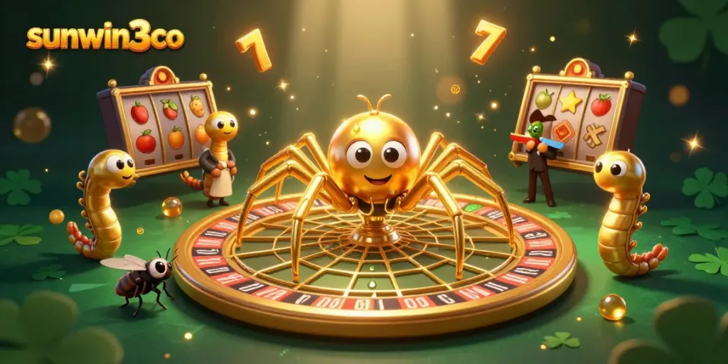 Experience the excitement of sunwin3 co with a 3D spider casting a roulette wheel web amidst vibrant online gaming elements.