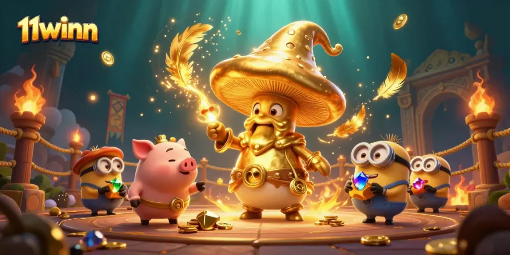Engage with the magic of 11winn, showcasing a whimsical casino scene filled with gold and treasures.