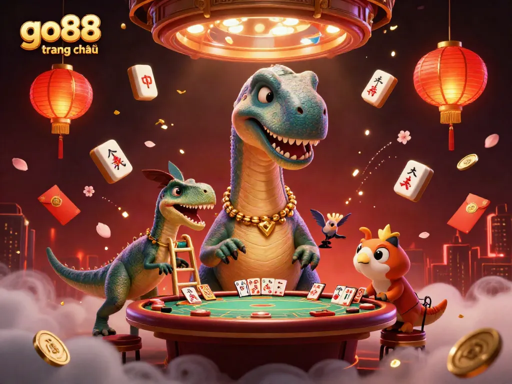 Experience go88 trang chủ with a lively 3D scene featuring a brontosaurus, raptor dealer, and vibrant casino elements.