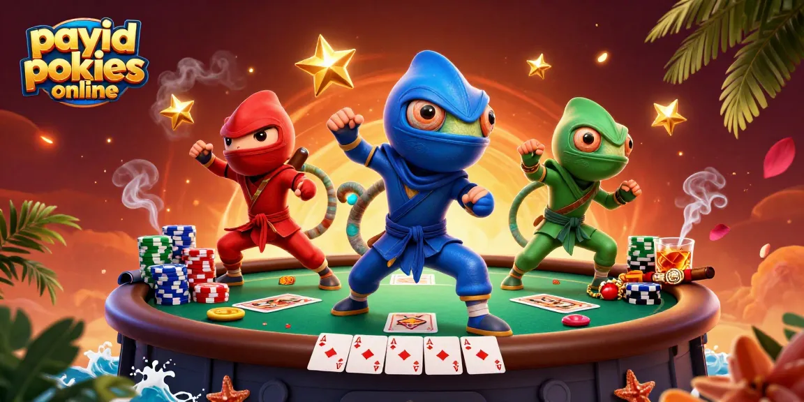 Engage with payid pokies online in a vibrant casino scene featuring ninja chameleons and poker elements.