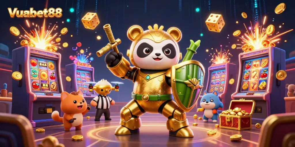 Engage with Vuabet88's thrilling jackpot scene featuring a mech-suit panda, explosions of coins, and animated game elements