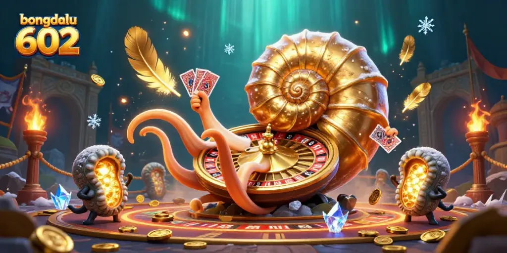 Engage with bongdalu 602 as you explore a rich fantasy casino scene with a nautilus roulette wheel and glowing ammonite companions.