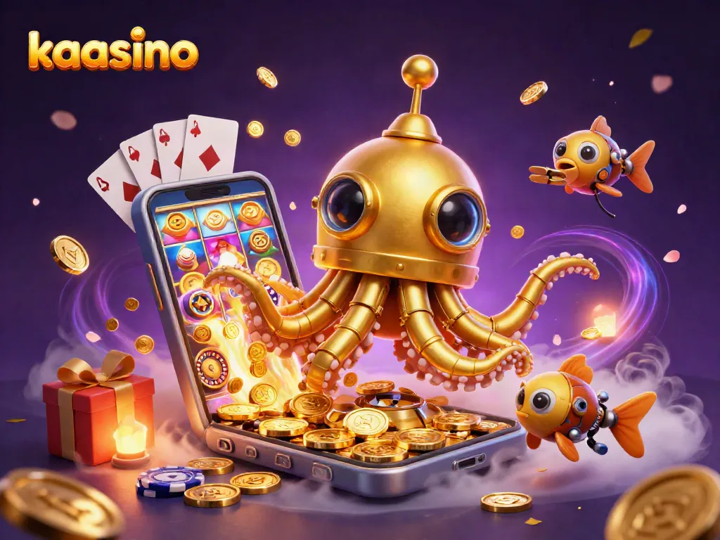 Kaasino's vibrant underwater adventure featuring a golden kraken and robotic fish amidst golden coins