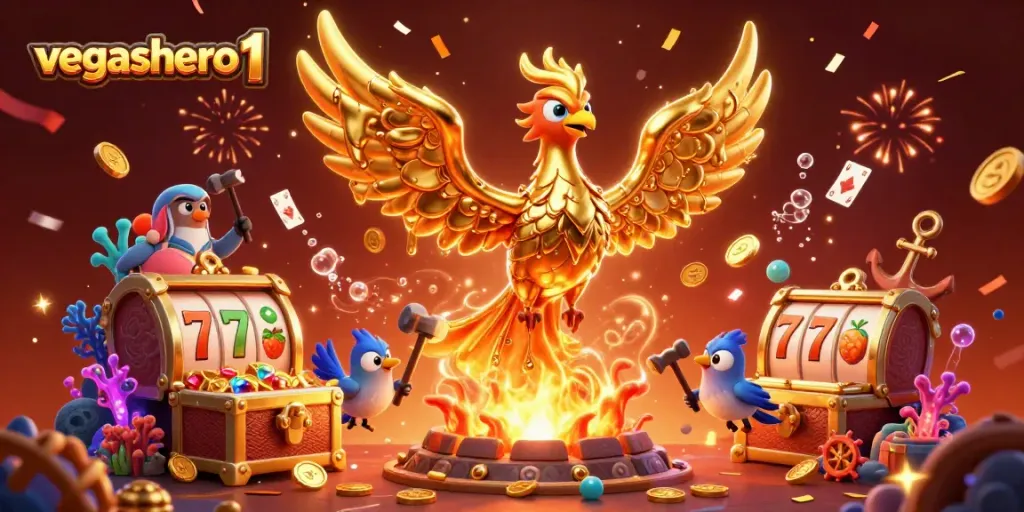 Experience dynamic gaming at vegashero 1 with golden phoenix and slot reels filled with excitement.