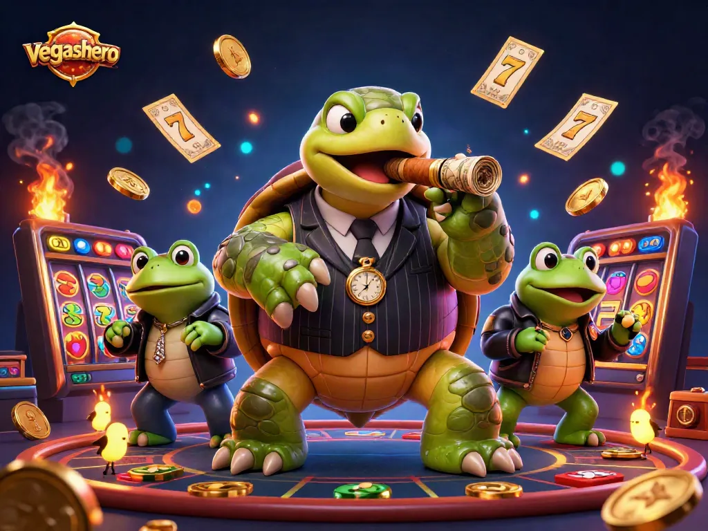 Experience the excitement of vegashero with a cartoon turtle and frog enforcers amidst vibrant slot machine action.
