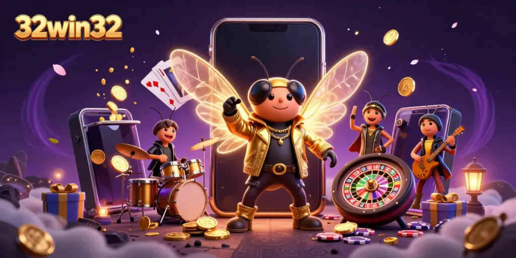 Experience the vibrant excitement of 32win32 with a cicada rock star and lively casino elements.