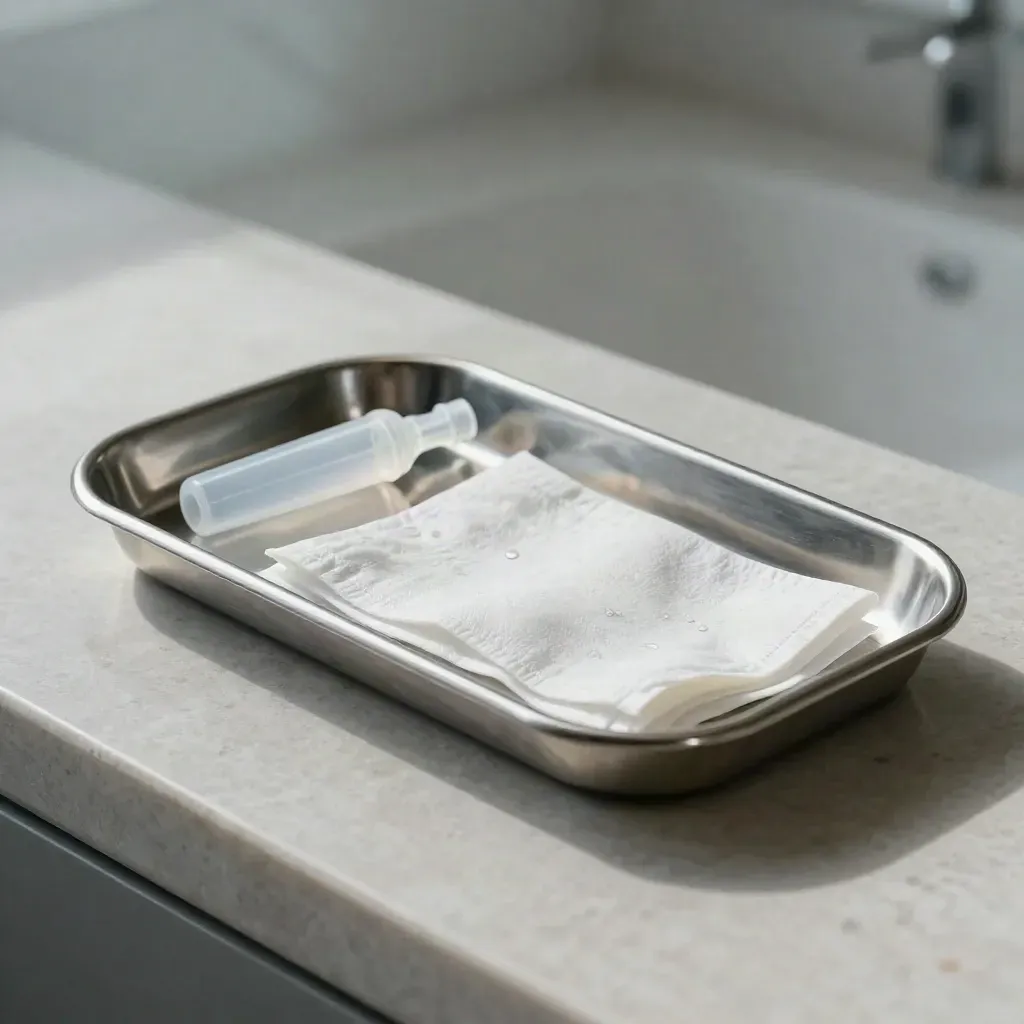 Medische set met instrumenttray, ampul, siliconen connector en steriele wrap op steen.