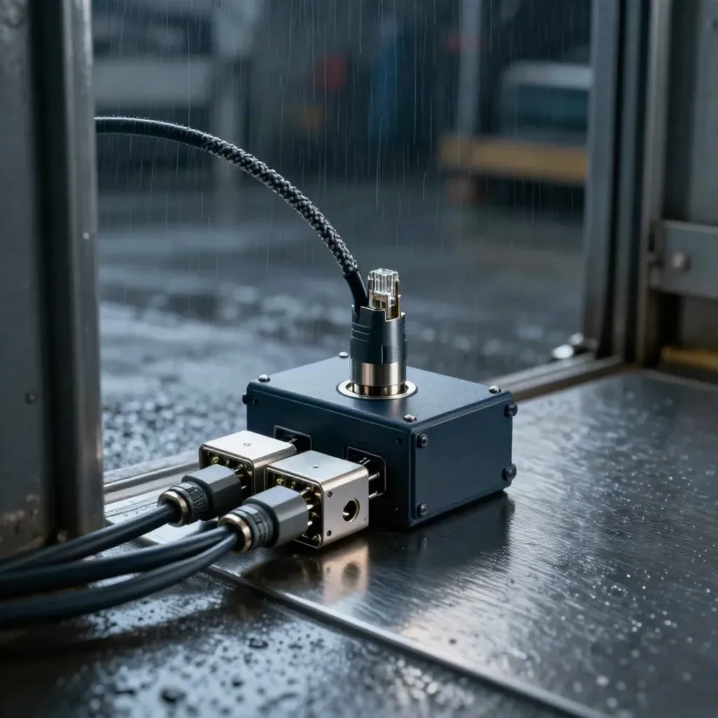 Matte junction box, glasvezelkoppeling en kabels op nat metaal bij een donkere loods.
