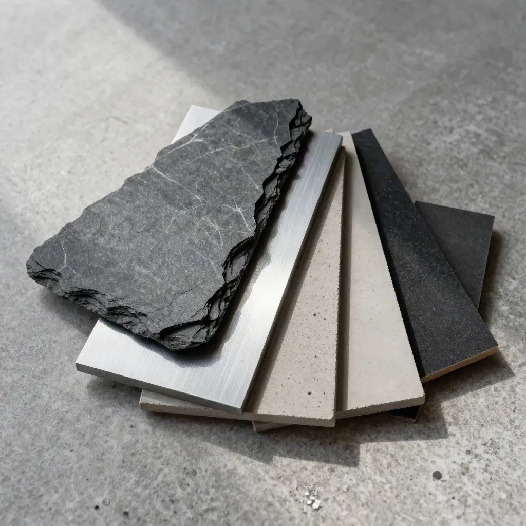 Opgevouwen architectuurstalen van leisteen, aluminium, beton en rubber op een stenen oppervlak.