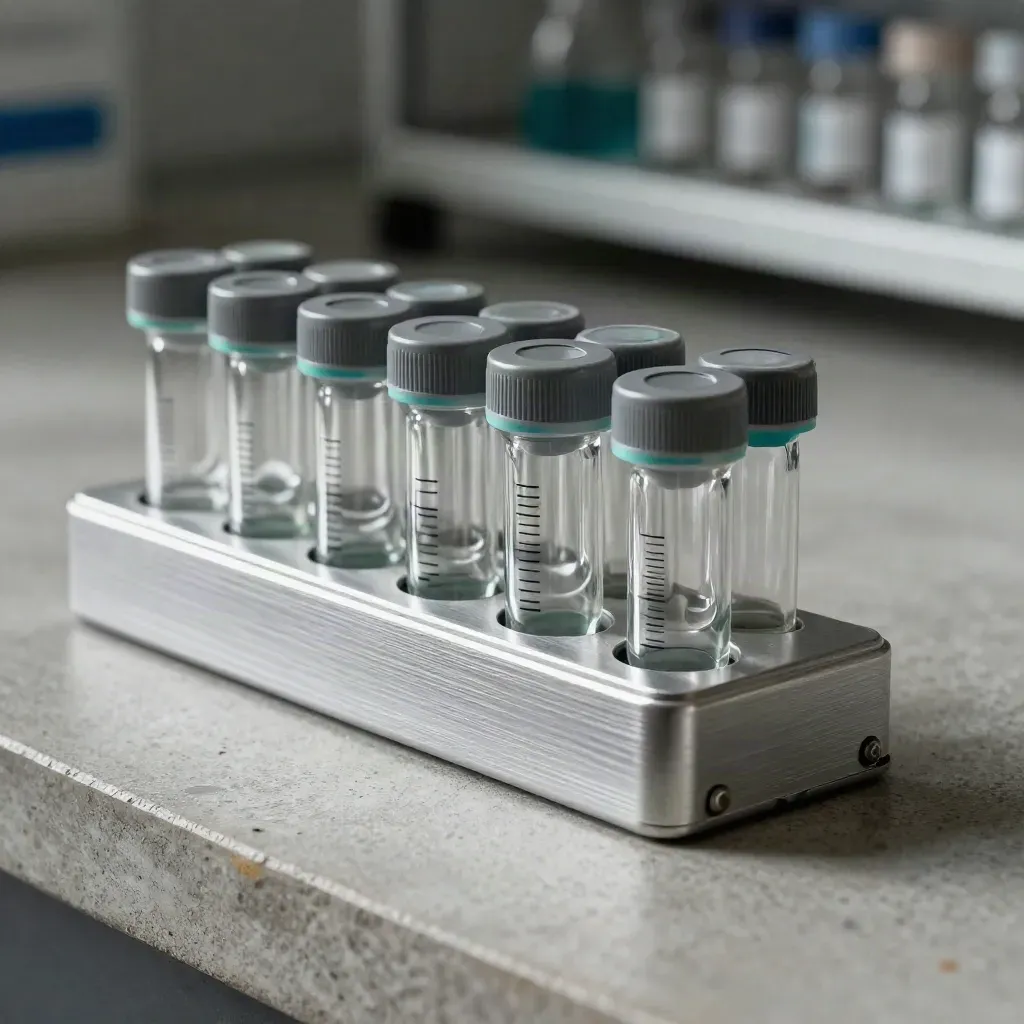 Close-up van samplevials met matte doppen in een aluminium clipcase op grijze betonsteen.