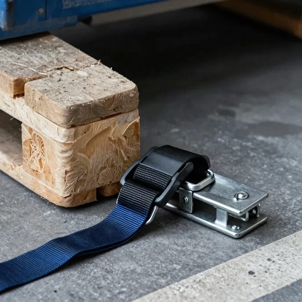 Laag bij de laadvloer: pallethoekbeschermer, spanbandgesp en stalen containerlatch in koel licht.