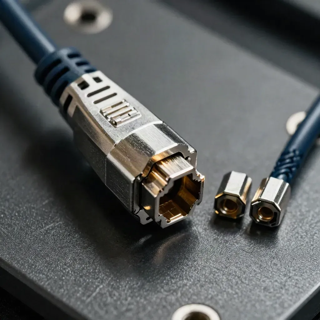 Macro van een RJ45-connector, metalen huls en twee kabelferrules op grafietkleurige ondergrond.