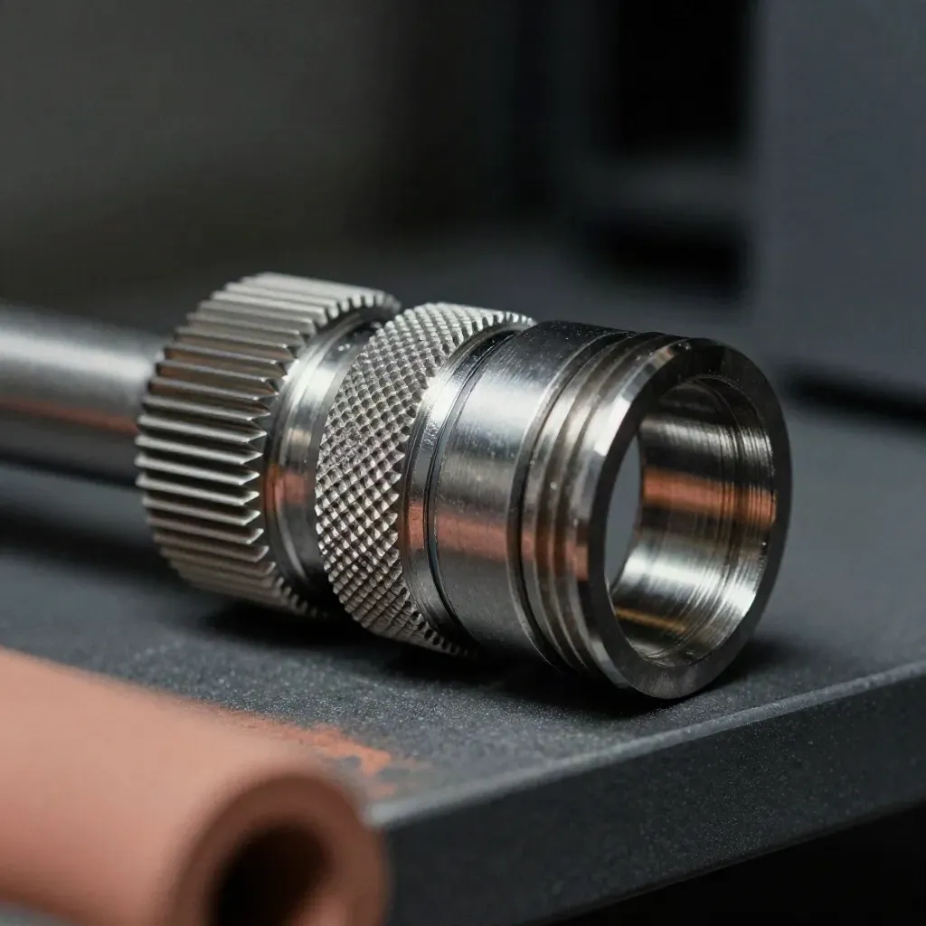 Macro van een modulaire koppeladapter met schroefring op een grafietkleurige werkbank.