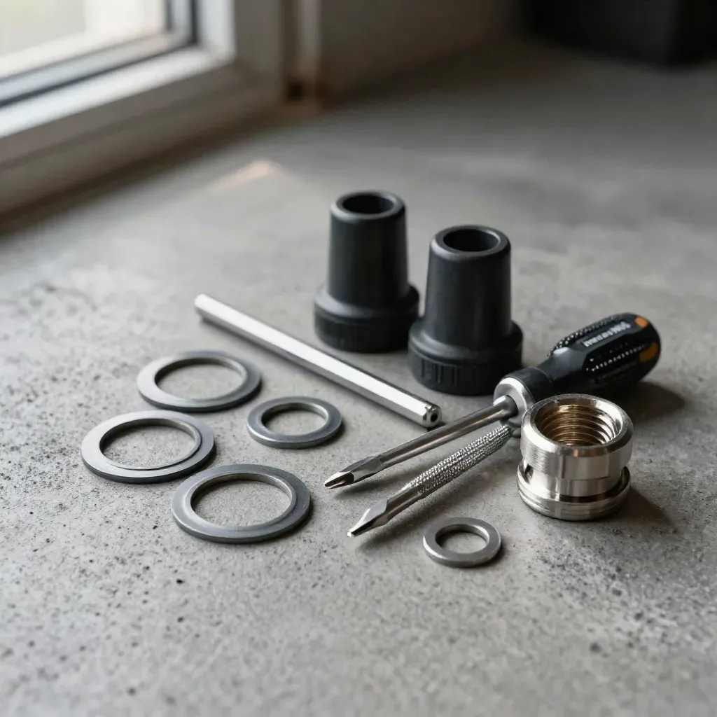Onderhoudskit met afdichtringen, connectorboots en gereedschap op beton.