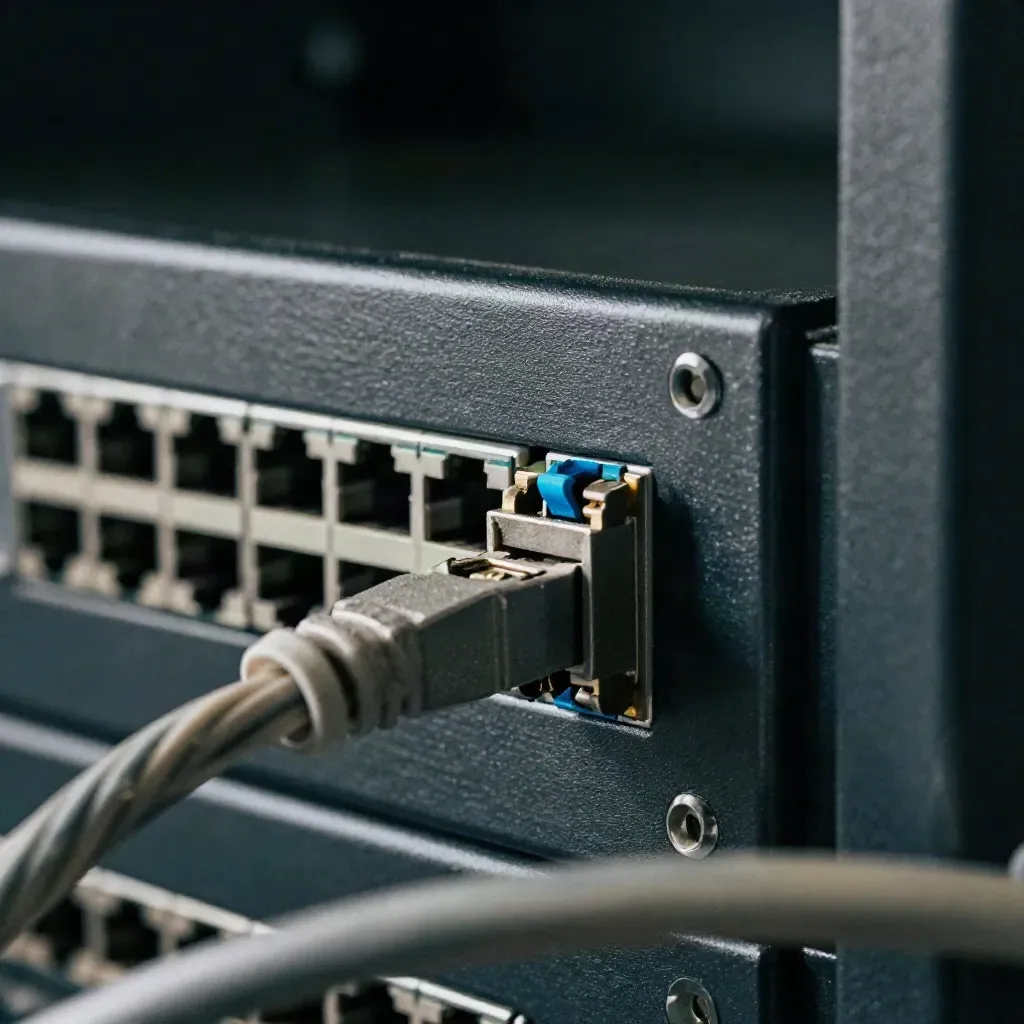 Macro van patch-panelhoek met SFP-module en gevlochten kabel in koel donker bokeh.