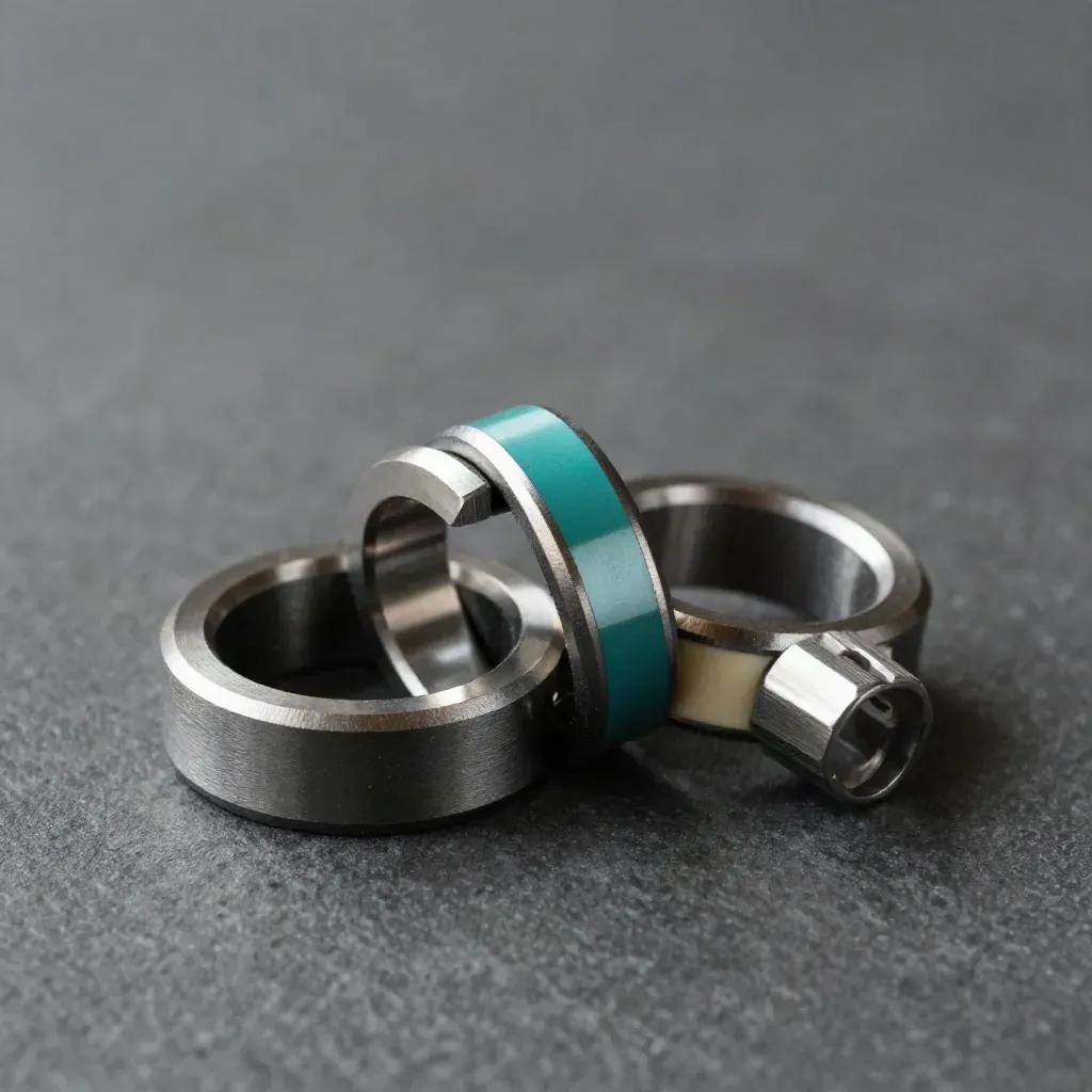 Twee gekoppelde metalen ringen met een modulair brugblok op een donkere steenplaat.