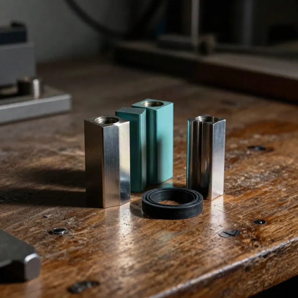 Gecontroleerde samples met spacers en rubberen pakking op een werkbank in warm werkplaatslicht.