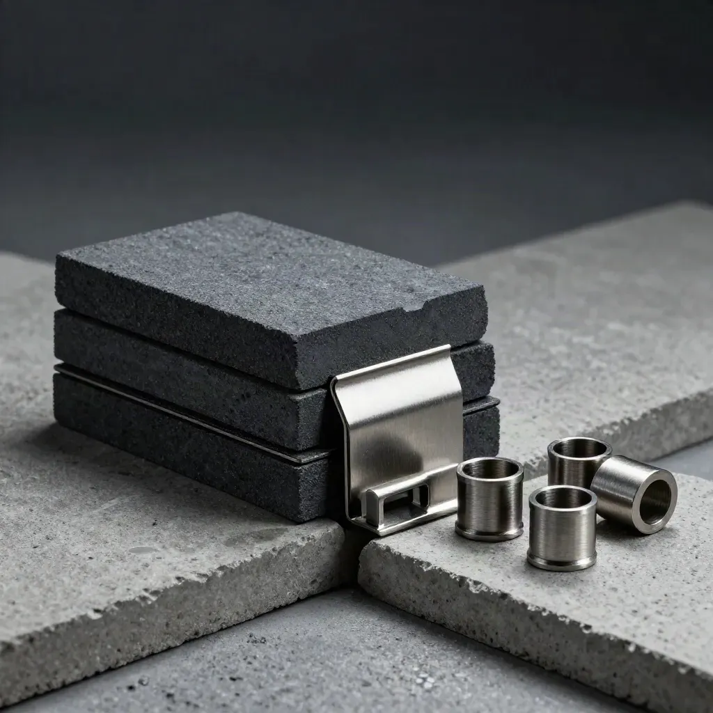 Grafieten blokken met koppelclip en spacers op een betonnen ondergrond, dramatisch belicht.