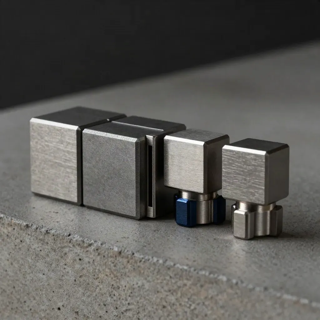 Modulaire kubussen met dovetail-verbinding en magnetische puck op donkere steen.