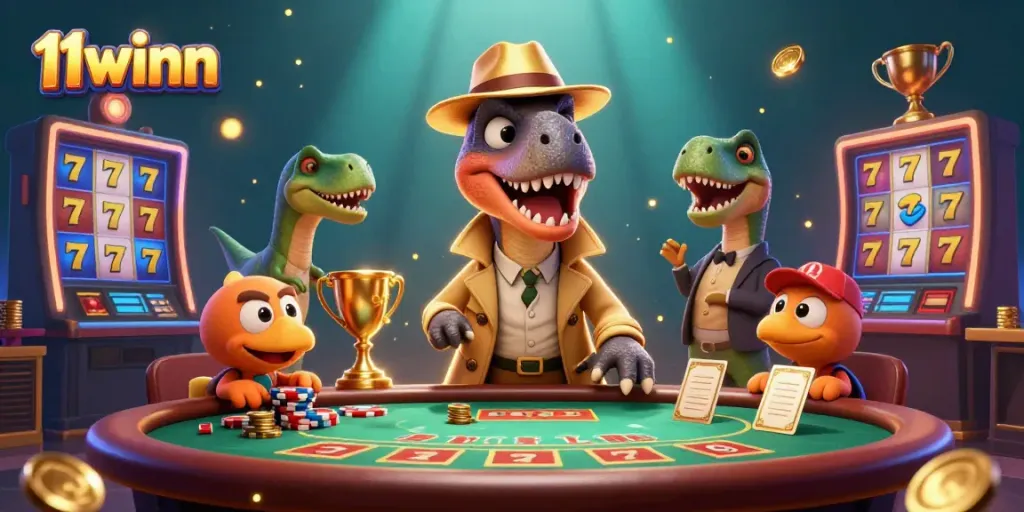 Experience thrilling gameplay at 11winn with a cartoon velociraptor at the blackjack table amid vibrant casino elements.