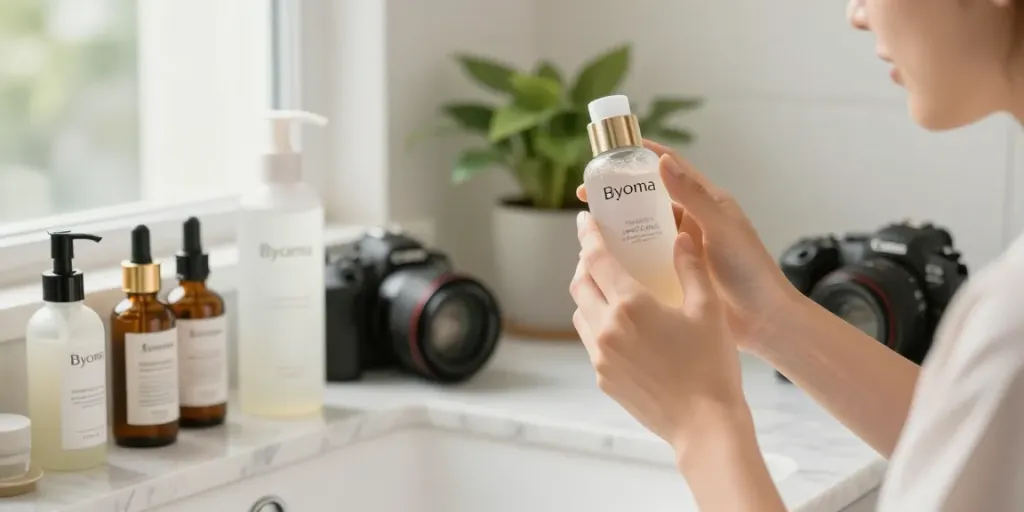 Toepassen van Byoma milky toner tijdens huidverzorging in een lichte badkamer.