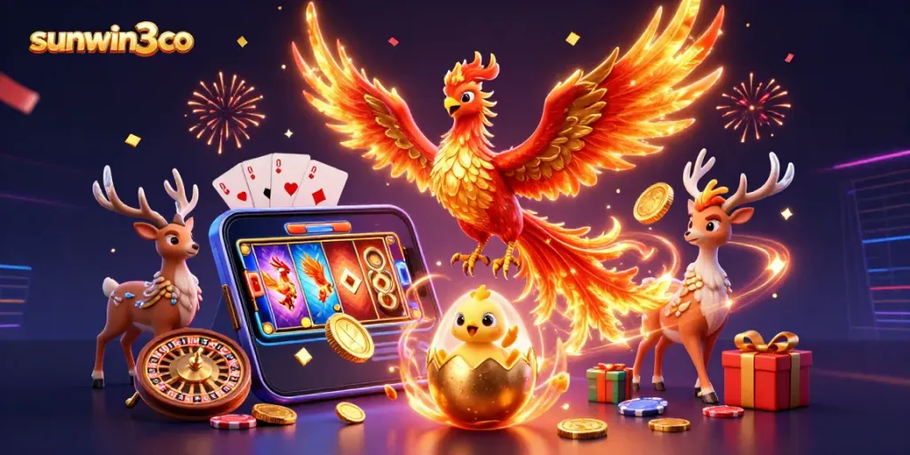Play thrilling games at sunwin3 co with a spectacular phoenix scene symbolizing fortune and fun.