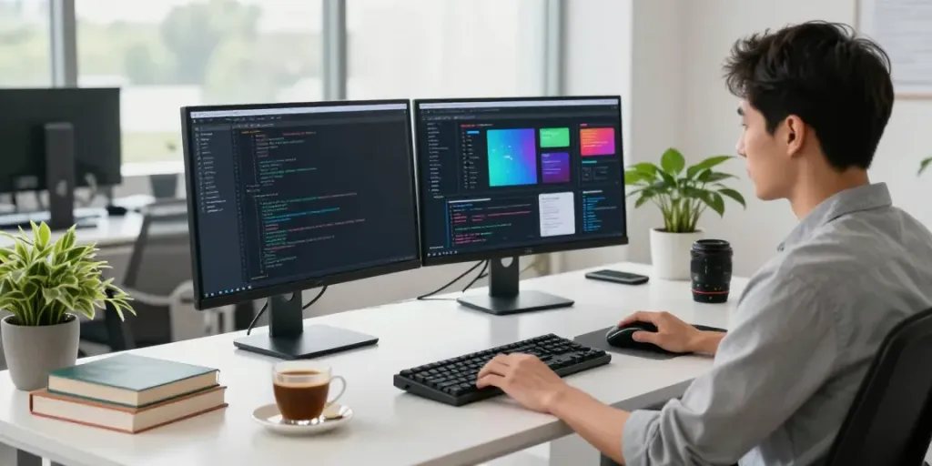 快连 software developer workspace showcasing dual monitors, coding tools, and natural light.