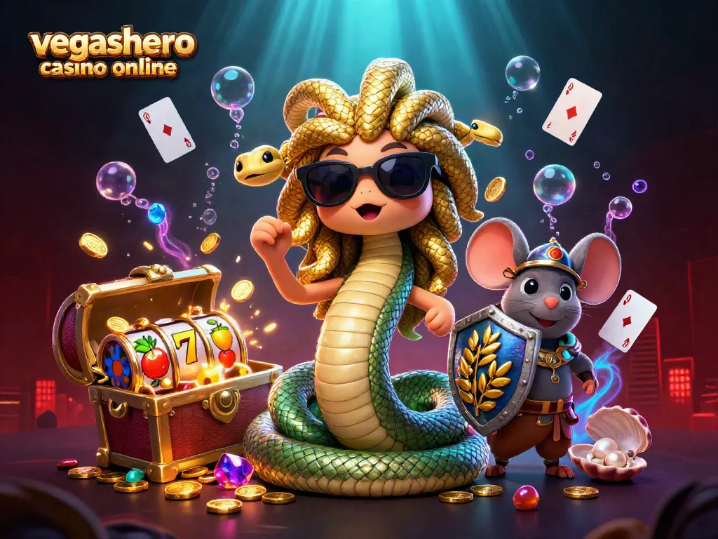 Engaging illustration of vegashero casino online featuring Medusa and a warrior mouse with casino-themed elements.