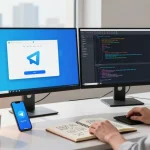 Download Telegram on a dual-monitor workspace showing app interface and coding, promoting a tech-friendly atmosphere.