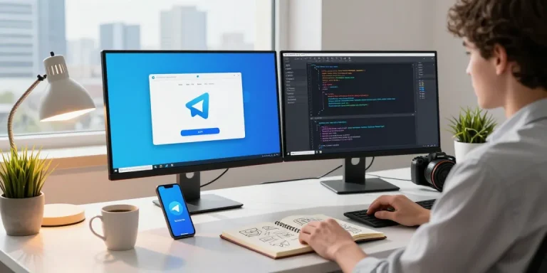 Download Telegram on a dual-monitor workspace showing app interface and coding, promoting a tech-friendly atmosphere.