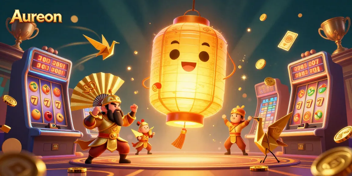 Aureon casino's vibrant 3D scene showcases a golden lantern spirit surrounded by dynamic slot game elements, celebrating excitement in gaming.
