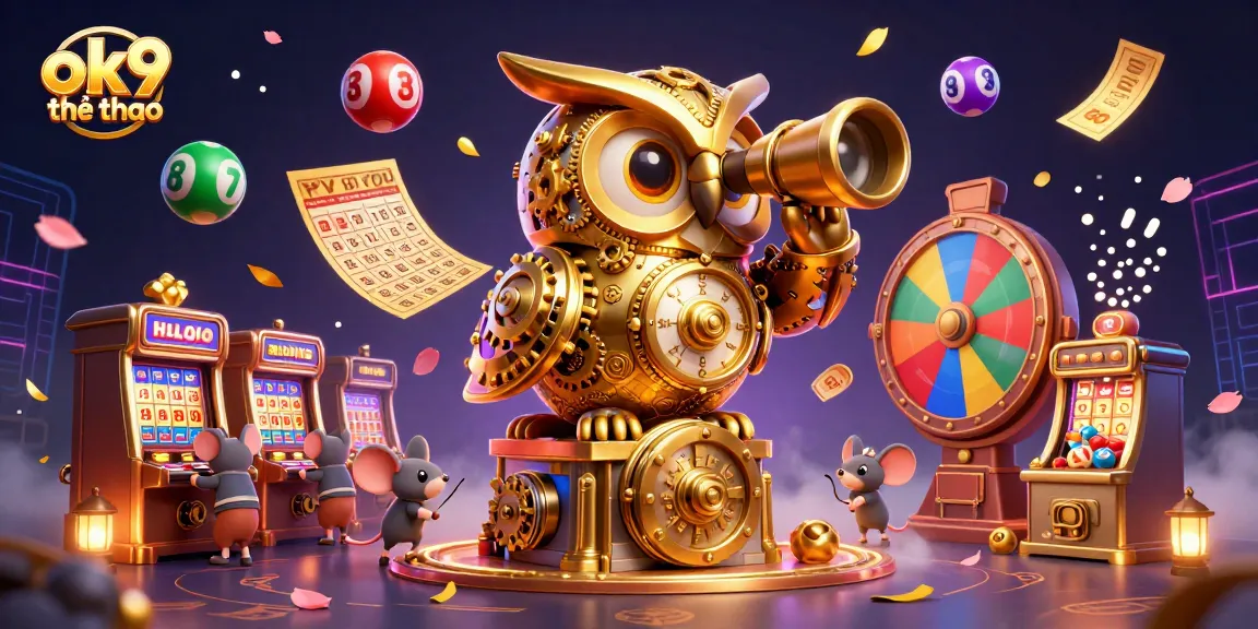 Engage with ok9 thể thao, a colorful 3D illustration showcasing a vibrant casino scene featuring an owl and gaming elements.