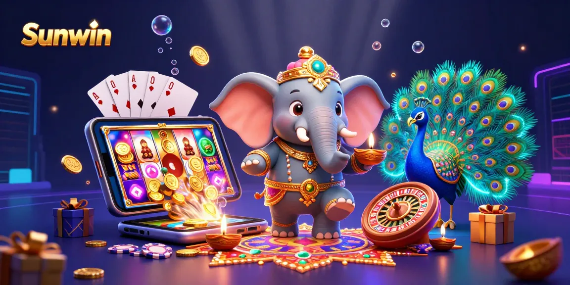 Play slots with Sunwin's exciting colorful casino elements in a vibrant 3D illustration.