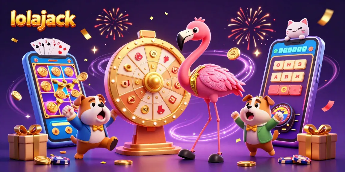 Experience the excitement of lolajack casino with a 3D illustration featuring vibrant game elements and charming characters.