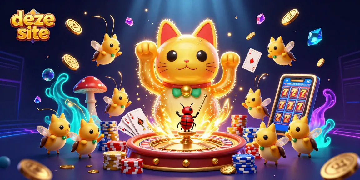 Engaging image showcasing the lucky cat and fireflies on deze site, bursting with casino symbols and energetic elements.